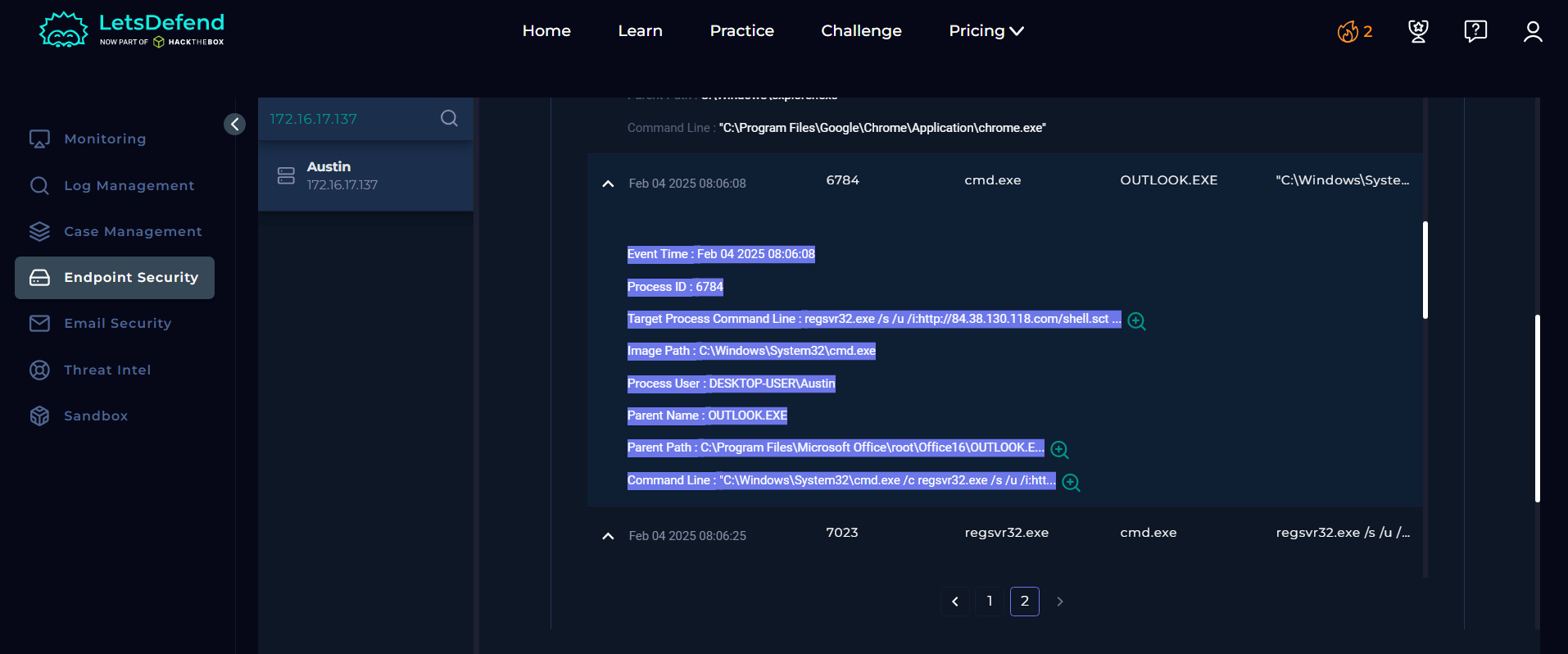 Endpoint Security process tree showing OUTLOOK.EXE spawning CMD.EXE then REGSVR32.EXE